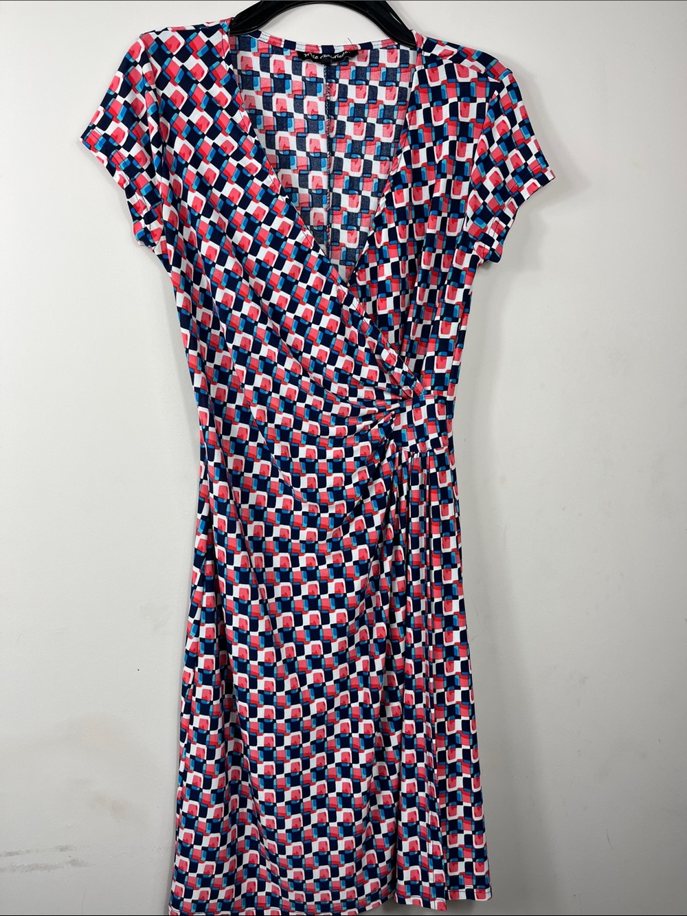 Mlle Gabrielle Geometric Print Wrap Dress Navy Red White Midi Size M
